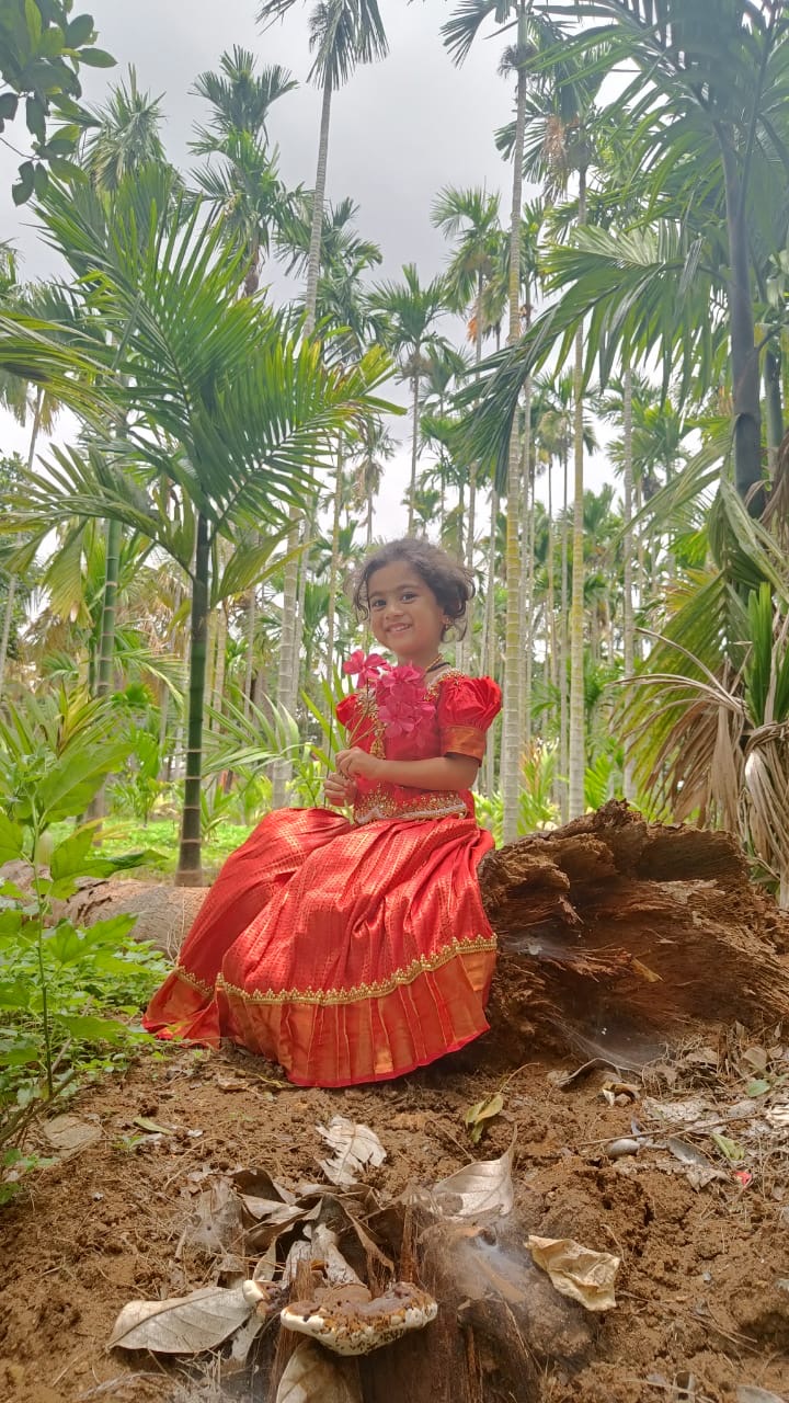 Yanvi in a red lehenga sitting on a log among tall areca palms